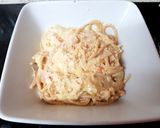 A picture of step 4 of My Crab Alfredo with spaghetti (had no linguine pasta) 😉.