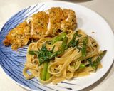 A picture of step 8 of Crunchy parmesan - crushed chicken with asparagus and lemon fettuccine.