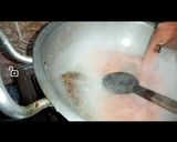 A picture of step 9 of Lahori halwa porri with aalo aur chana bhaaji.