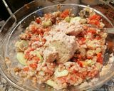 A picture of step 2 of Panzanella with Multigrain Bread, Vegetables, Tuna, and a Hint of Balsamic Vinegar.