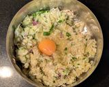 A picture of step 4 of Okonomiyaki (Japanese savoury pancakes).