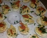 A picture of step 7 of truffle deviled eggs with lox.