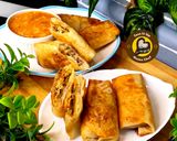 A picture of step 8 of Veg And Chicken Spring Rolls With Homemade Sheets Or Wraps Along With Spring Roll Sauce.