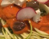 A picture of step 5 of Zucchini Spaghetti with Tomato Sauce, Kalamata Olives, Feta, and Radishes.