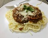 A picture of step 9 of Spaghetti Bolognese (Italian Red Sauce spaghetti).