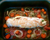 Foto del paso 4 de la receta: Pavo relleno de trigueros y mostaza con puré de verduras asadas